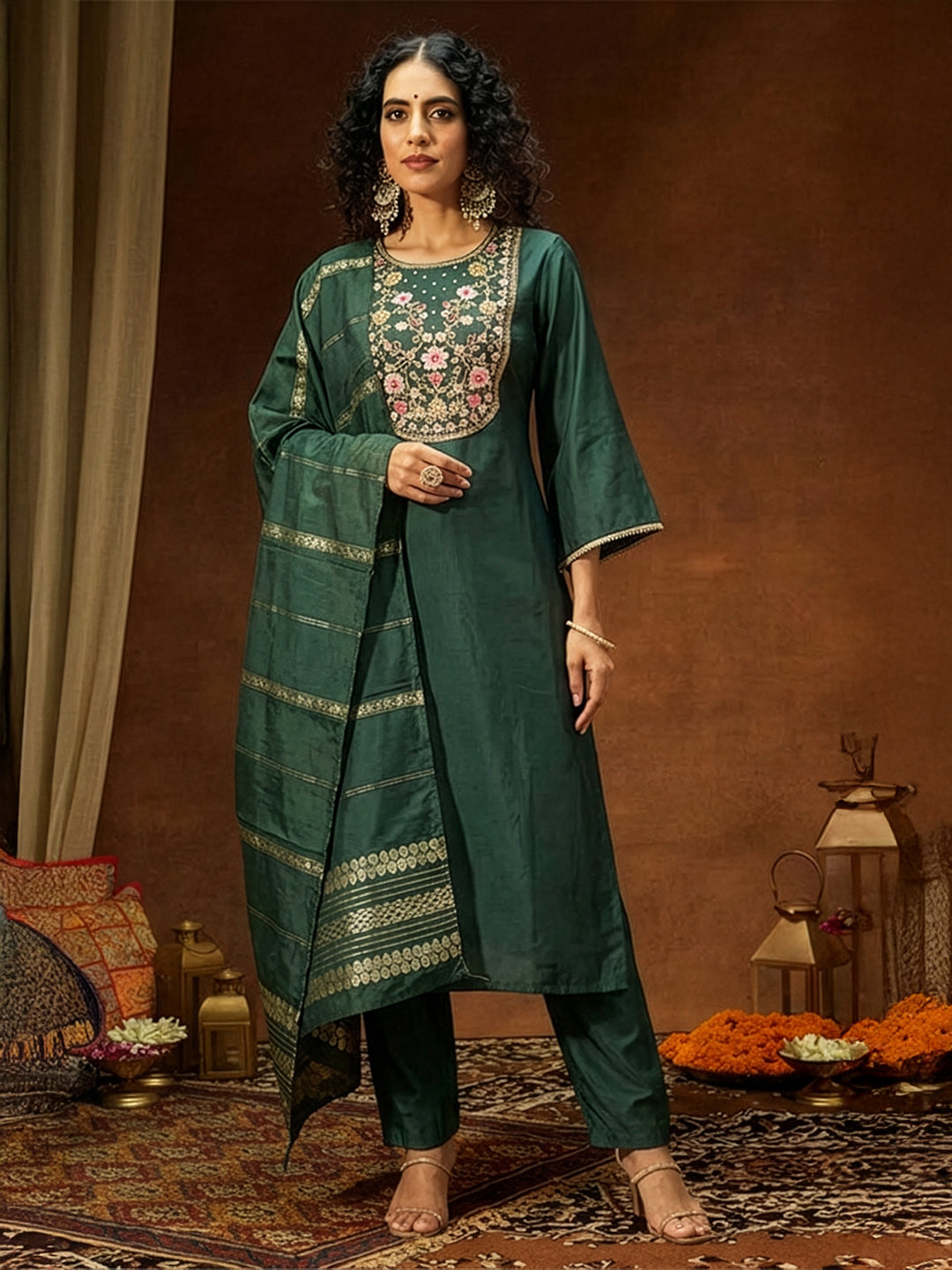 Janasya Women's Bottle Green Chanderi Silk Yoke Embroidery Straight Kurta Set