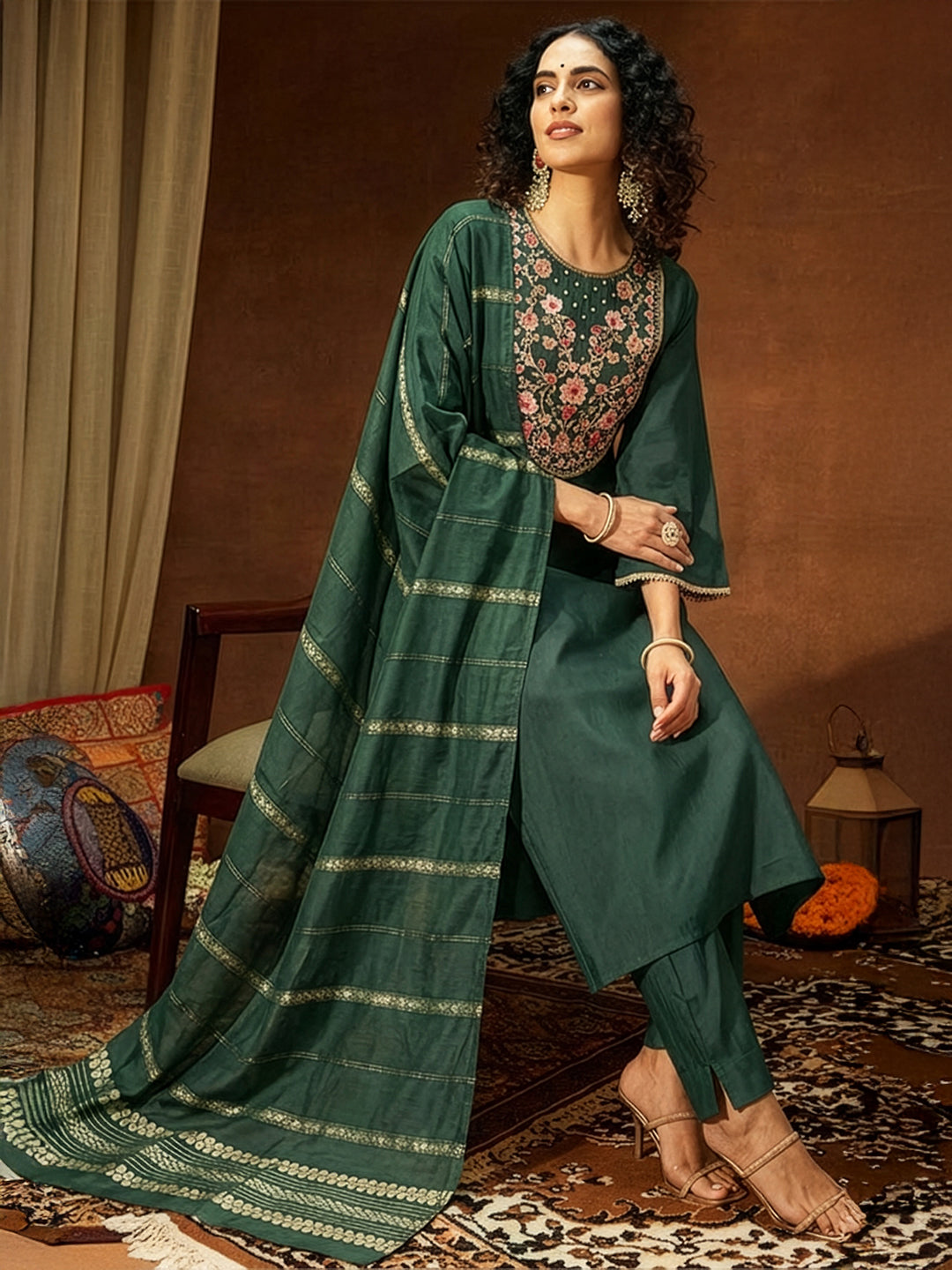 Janasya Women's Bottle Green Chanderi Silk Yoke Embroidery Straight Kurta Set