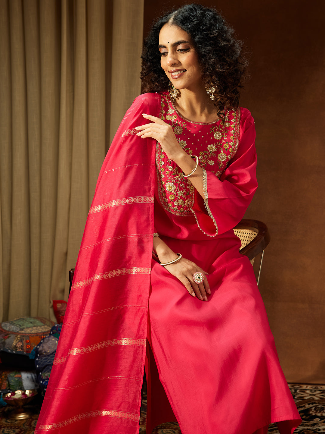 Janasya Women's Pink Chanderi Silk Zari Yoke Embroidered Straight Kurta Set