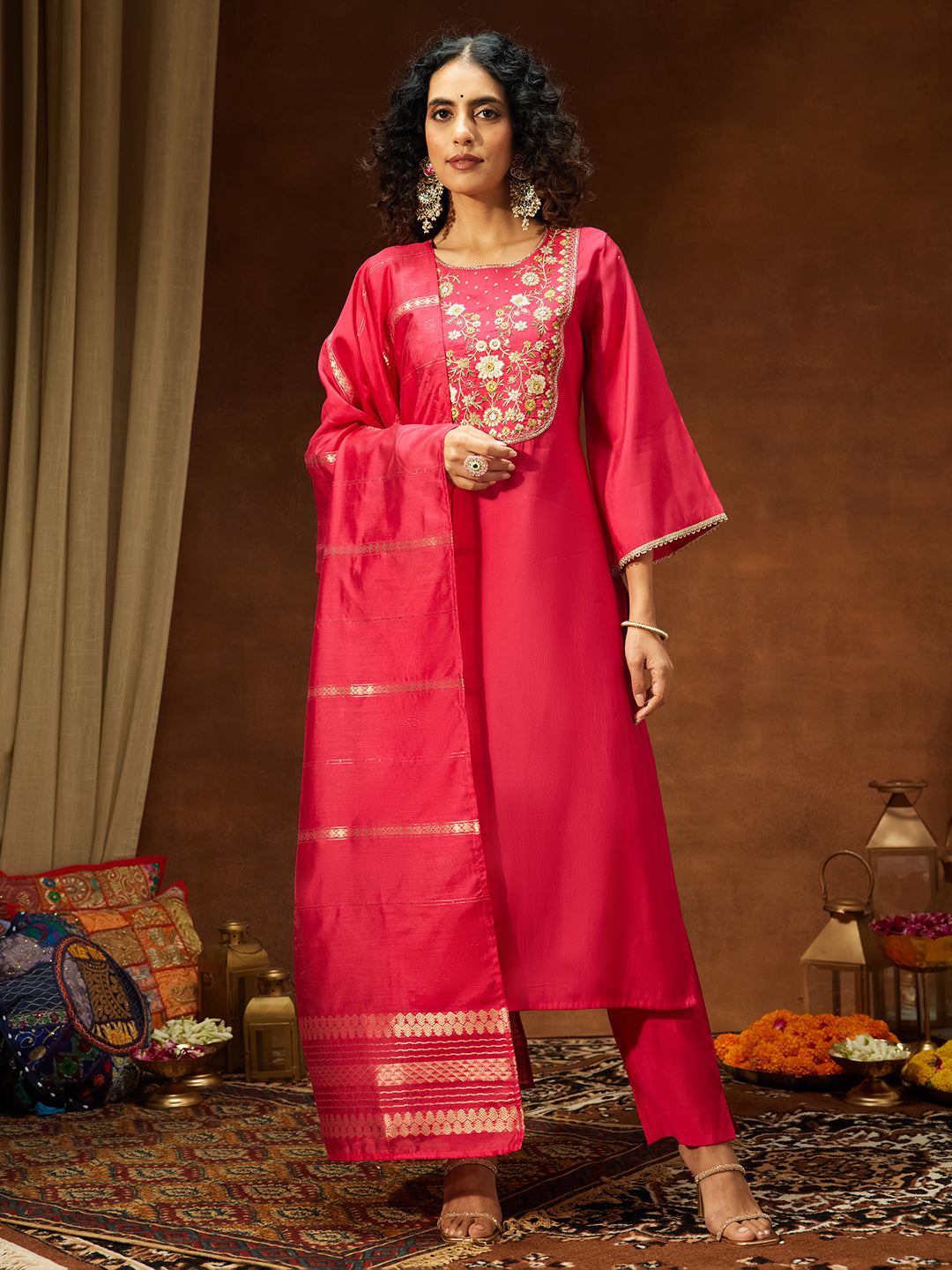 Janasya Women's Pink Chanderi Silk Zari Yoke Embroidered Straight Kurta Set