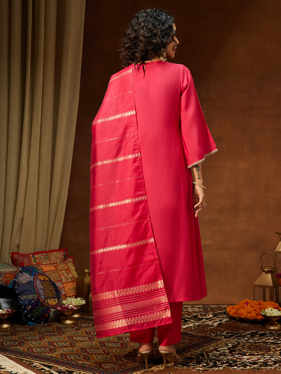 Janasya Women's Pink Chanderi Silk Zari Yoke Embroidered Straight Kurta Set