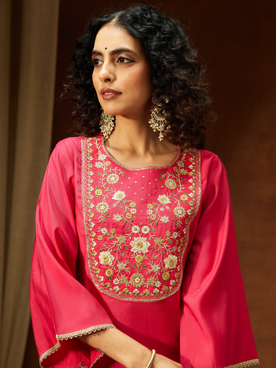 Janasya Women's Pink Chanderi Silk Zari Yoke Embroidered Straight Kurta Set