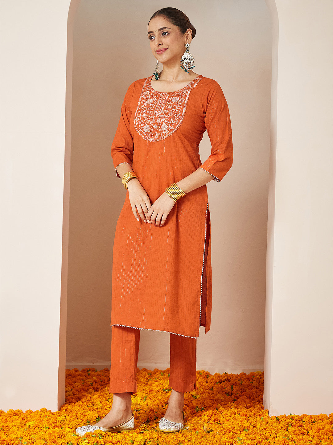 Janasya Women's Orange Pure Cotton Embellished Yoke Design Straight Kurta Set