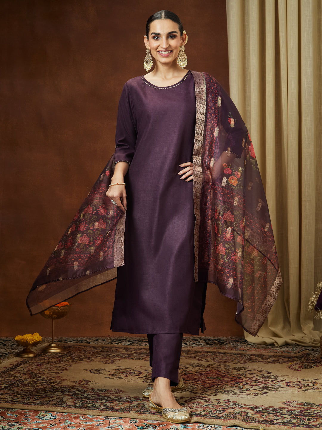 Janasya Women's Wine Cotton Blend Solid Straight Kurta Set With Printed Dupatta