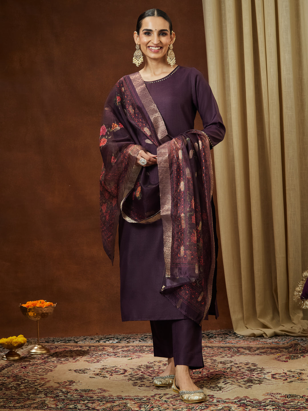Janasya Women's Wine Cotton Blend Solid Straight Kurta Set With Printed Dupatta