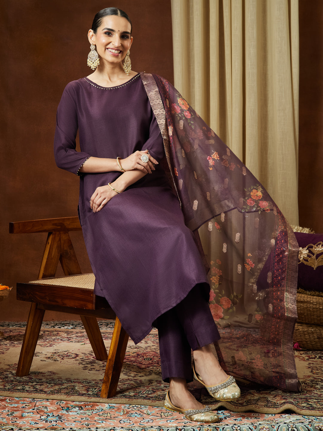 Janasya Women's Wine Cotton Blend Solid Straight Kurta Set With Printed Dupatta