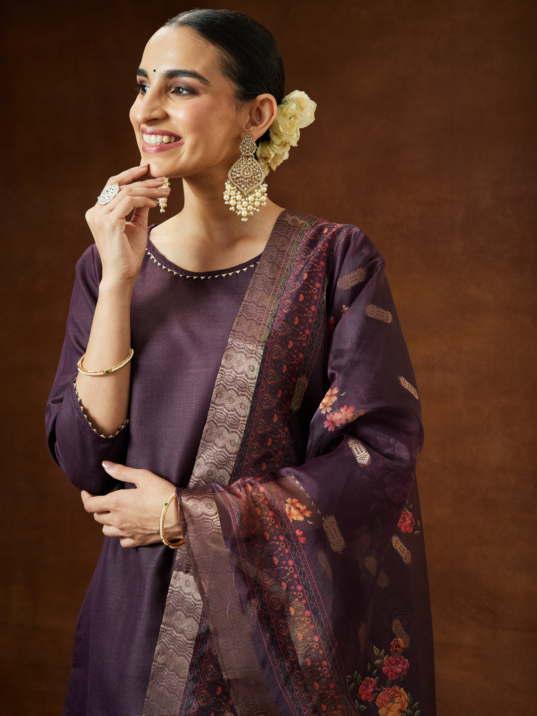 Janasya Women's Wine Cotton Blend Solid Straight Kurta Set With Printed Dupatta