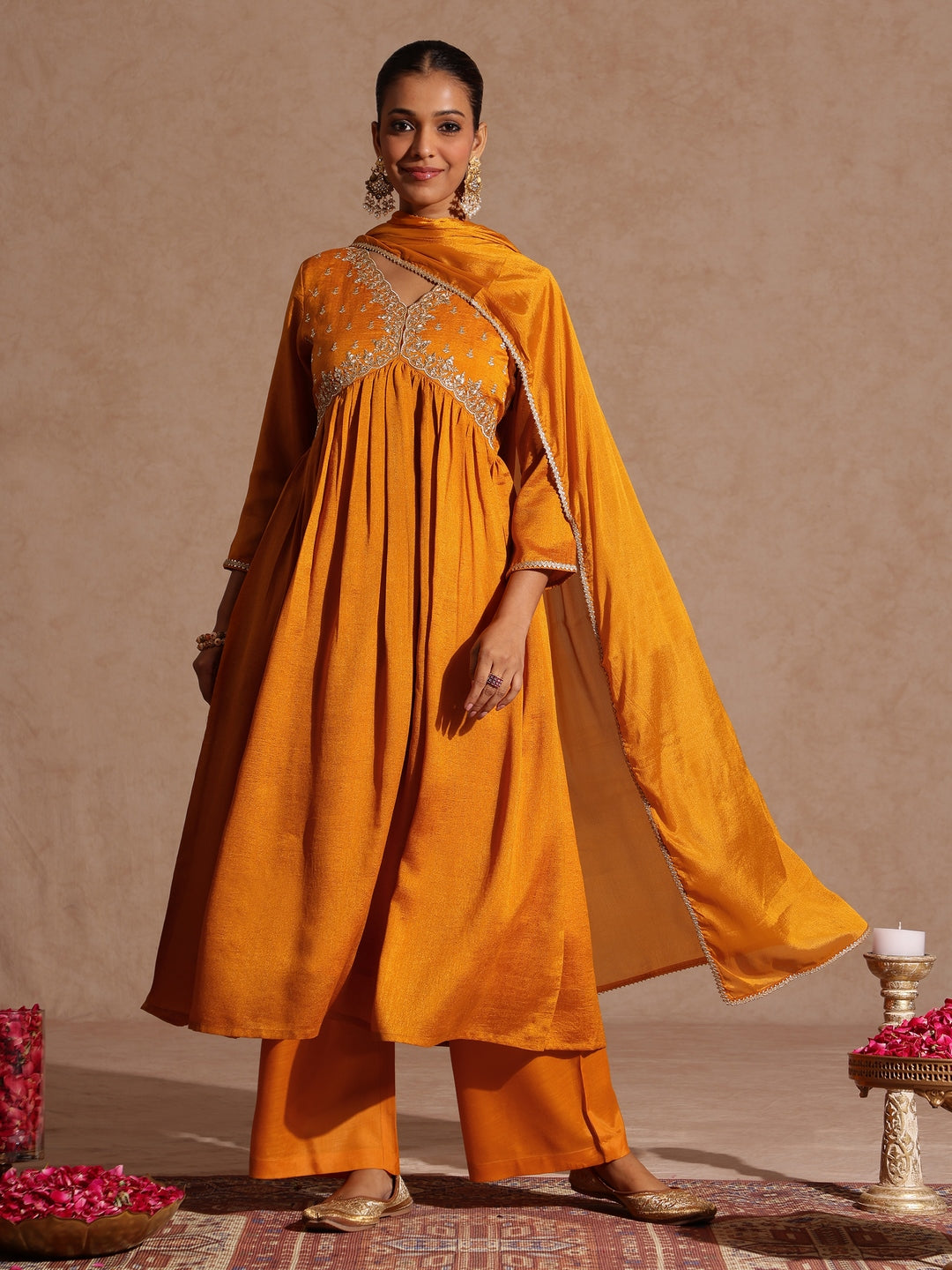 Janasya Women's Mustard Silk Blend Zari Yoke Embroidered A-line Kurta Set