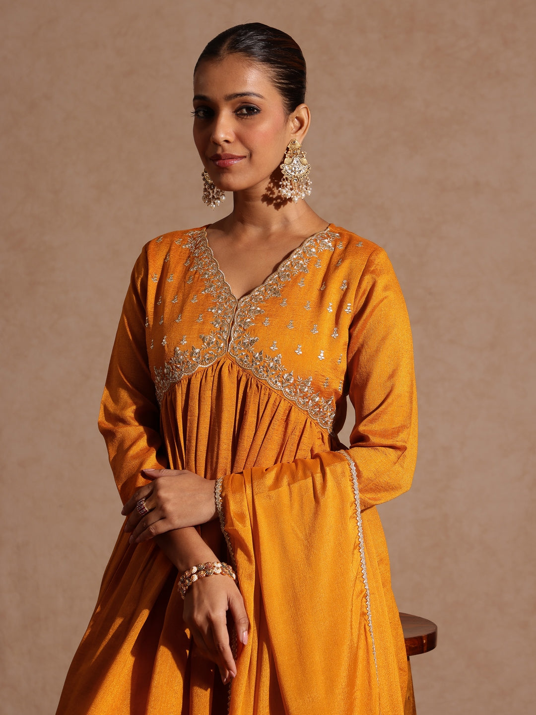 Janasya Women's Mustard Silk Blend Zari Yoke Embroidered A-line Kurta Set