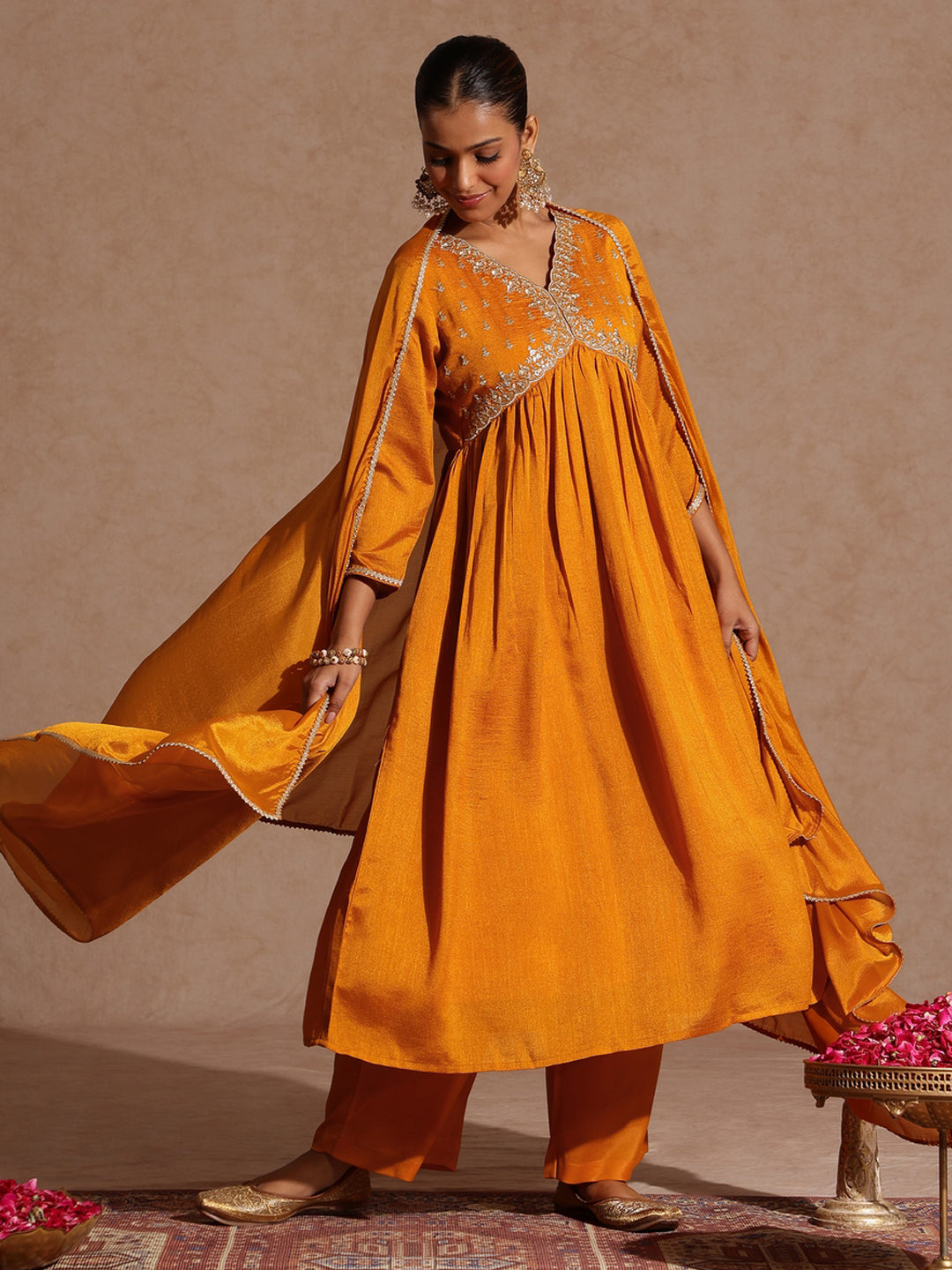 Janasya Women's Mustard Silk Blend Zari Yoke Embroidered A-line Kurta Set