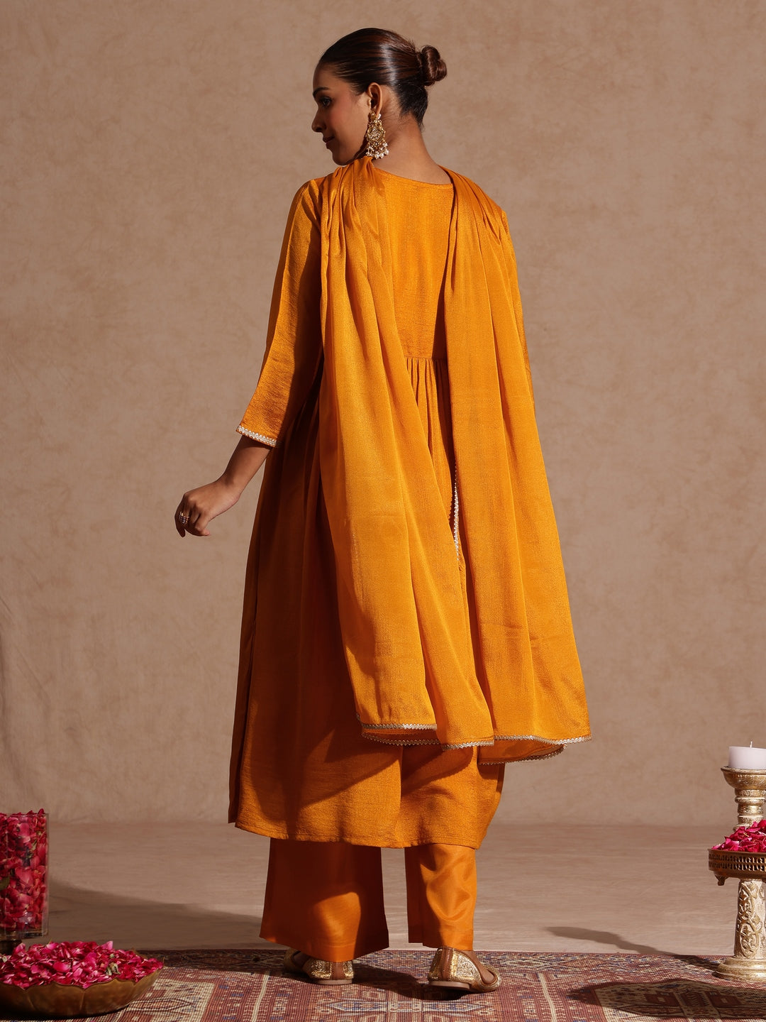 Janasya Women's Mustard Silk Blend Zari Yoke Embroidered A-line Kurta Set