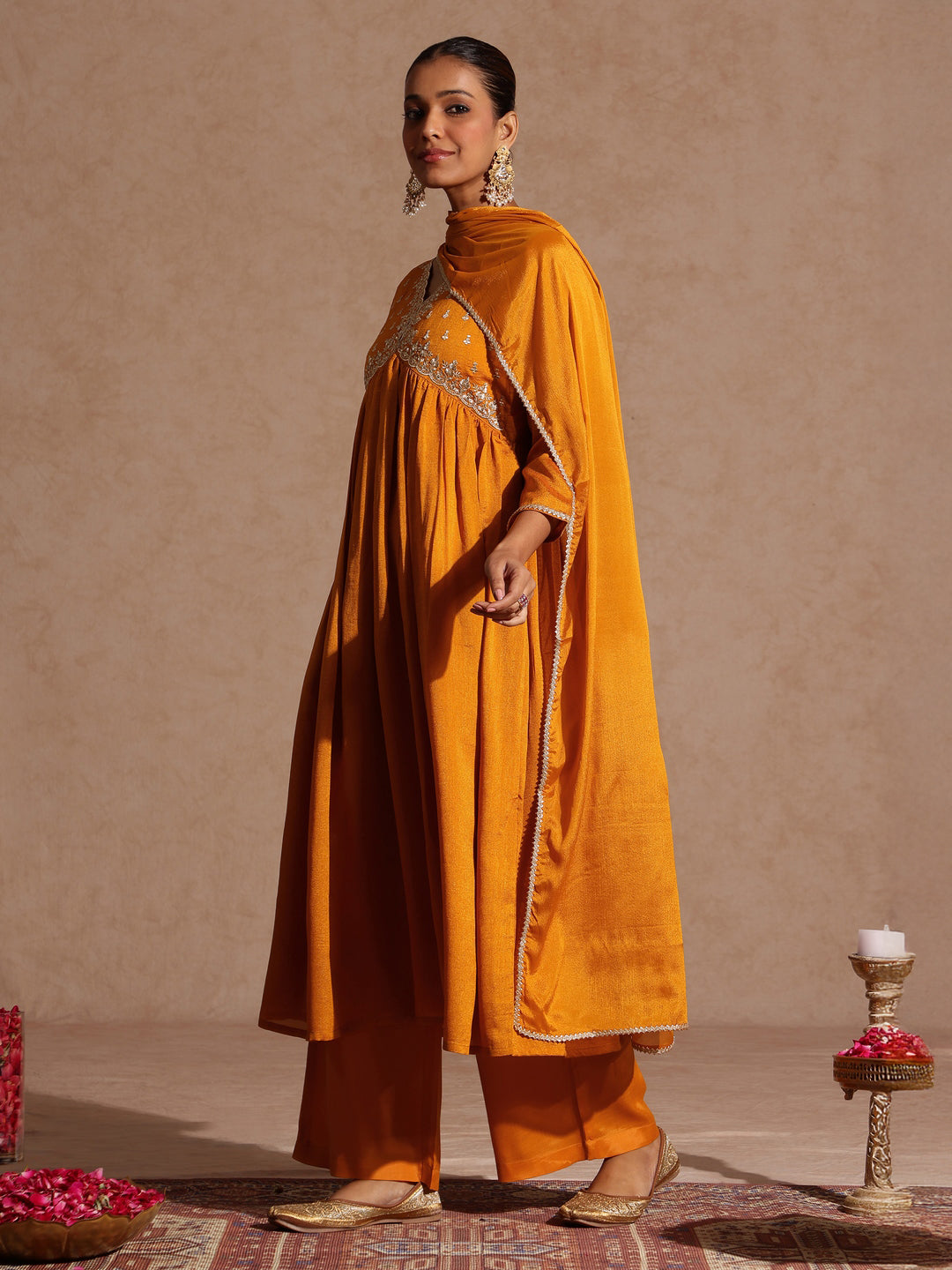 Janasya Women's Mustard Silk Blend Zari Yoke Embroidered A-line Kurta Set