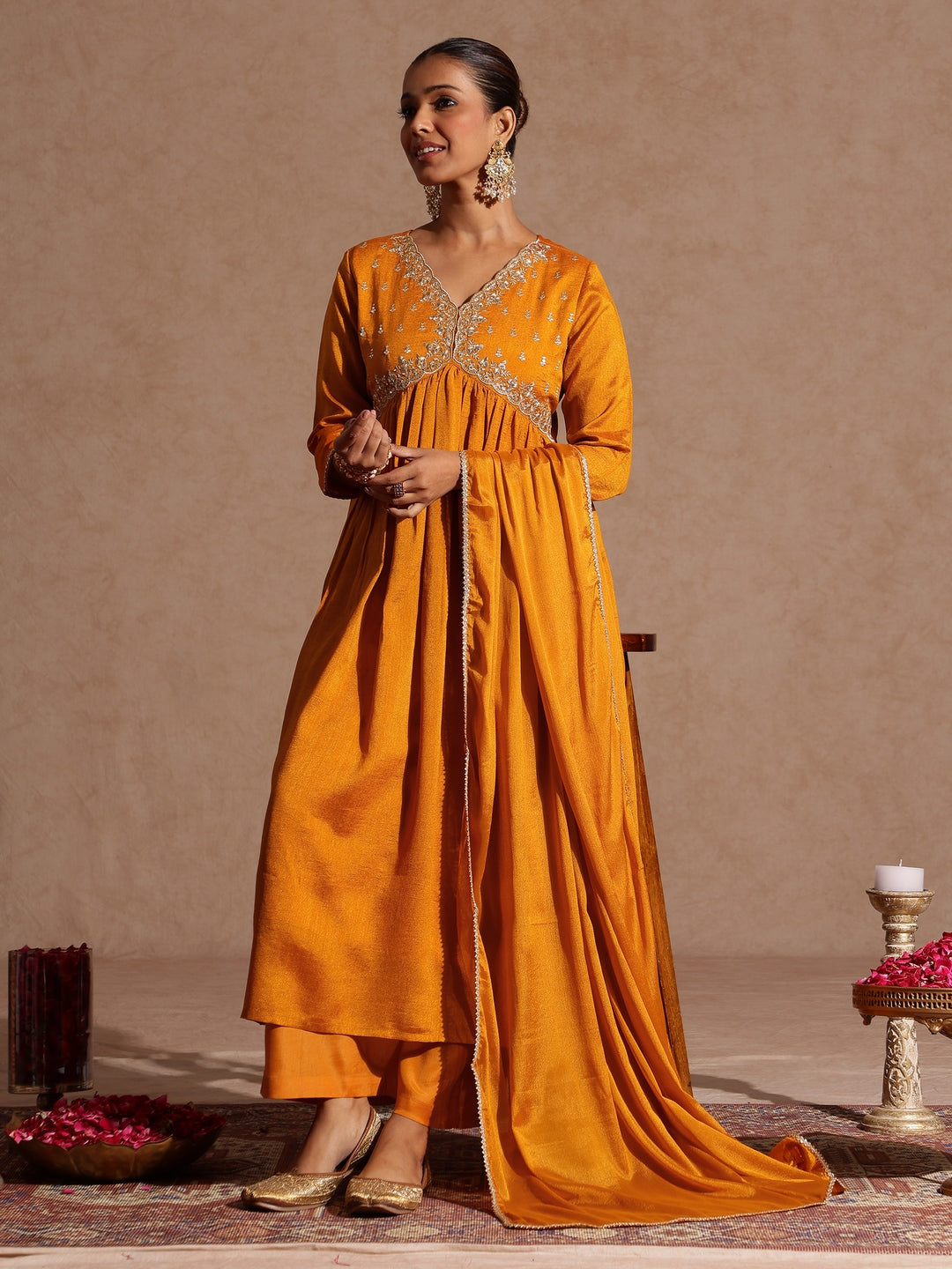 Janasya Women's Mustard Silk Blend Zari Yoke Embroidered A-line Kurta Set