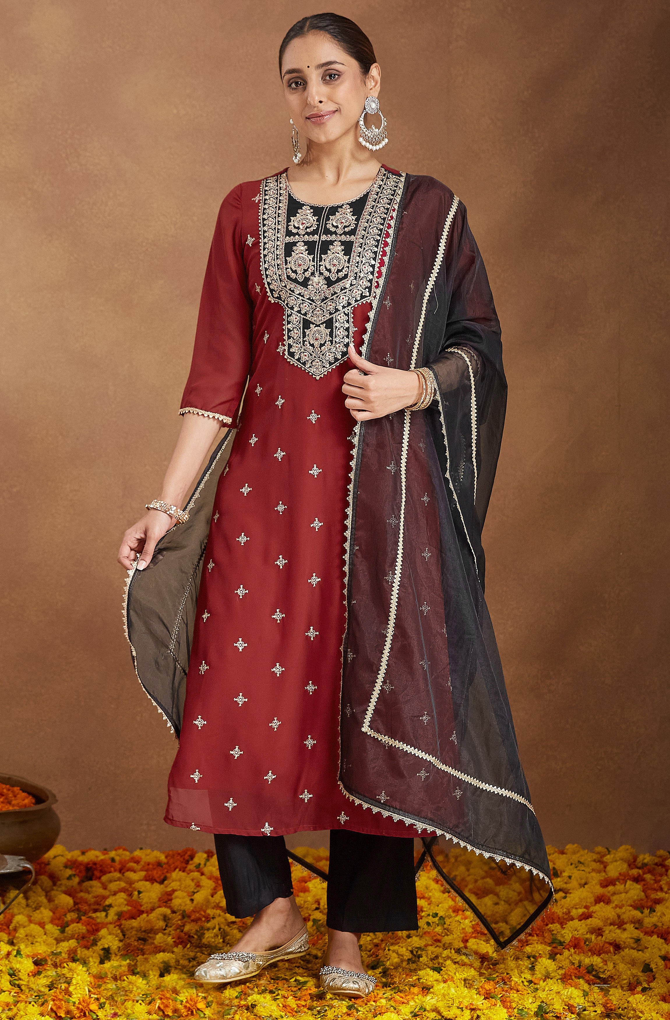 Janasya Women's Red Chanderi Silk Embroidered Straight Kurta Set