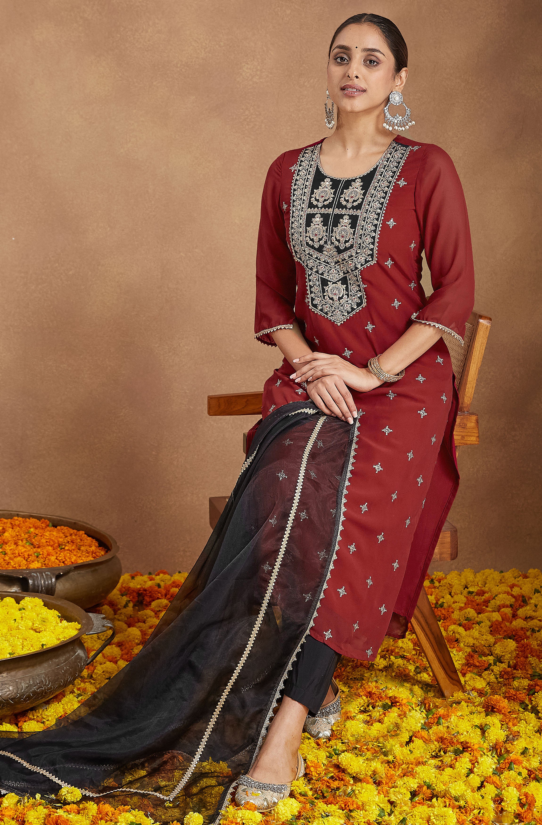 Janasya Women's Red Chanderi Silk Embroidered Straight Kurta Set