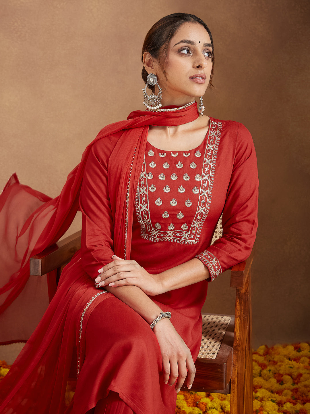 Janasya Women's Red Rayon Yoke Embroidered Straight Kurta Set