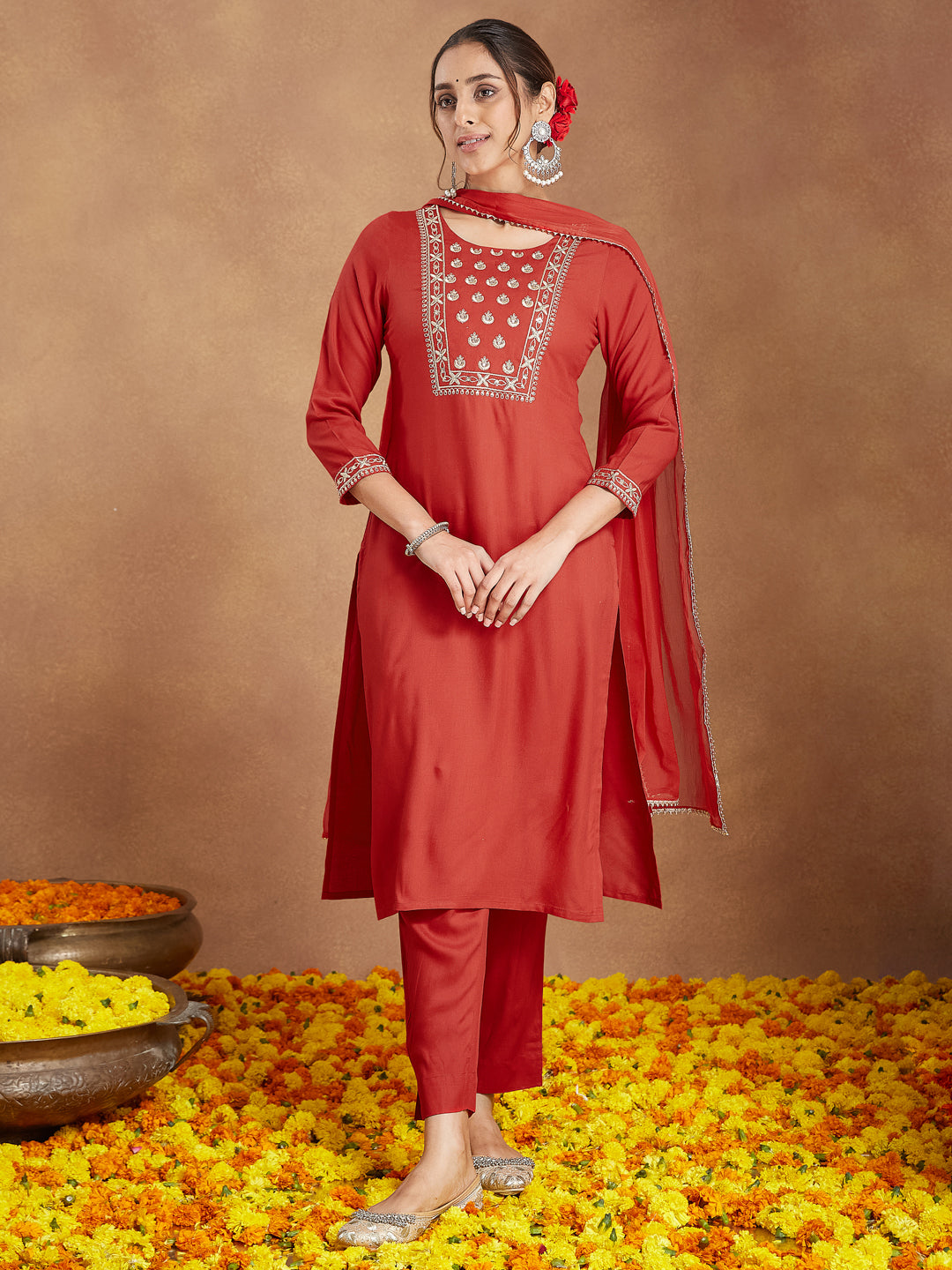 Janasya Women's Red Rayon Yoke Embroidered Straight Kurta Set