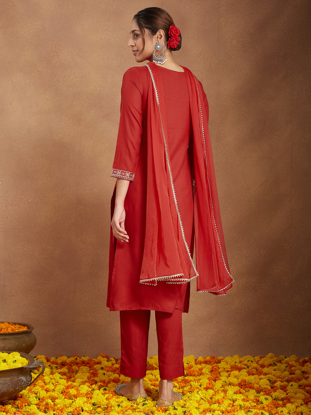 Janasya Women's Red Rayon Yoke Embroidered Straight Kurta Set