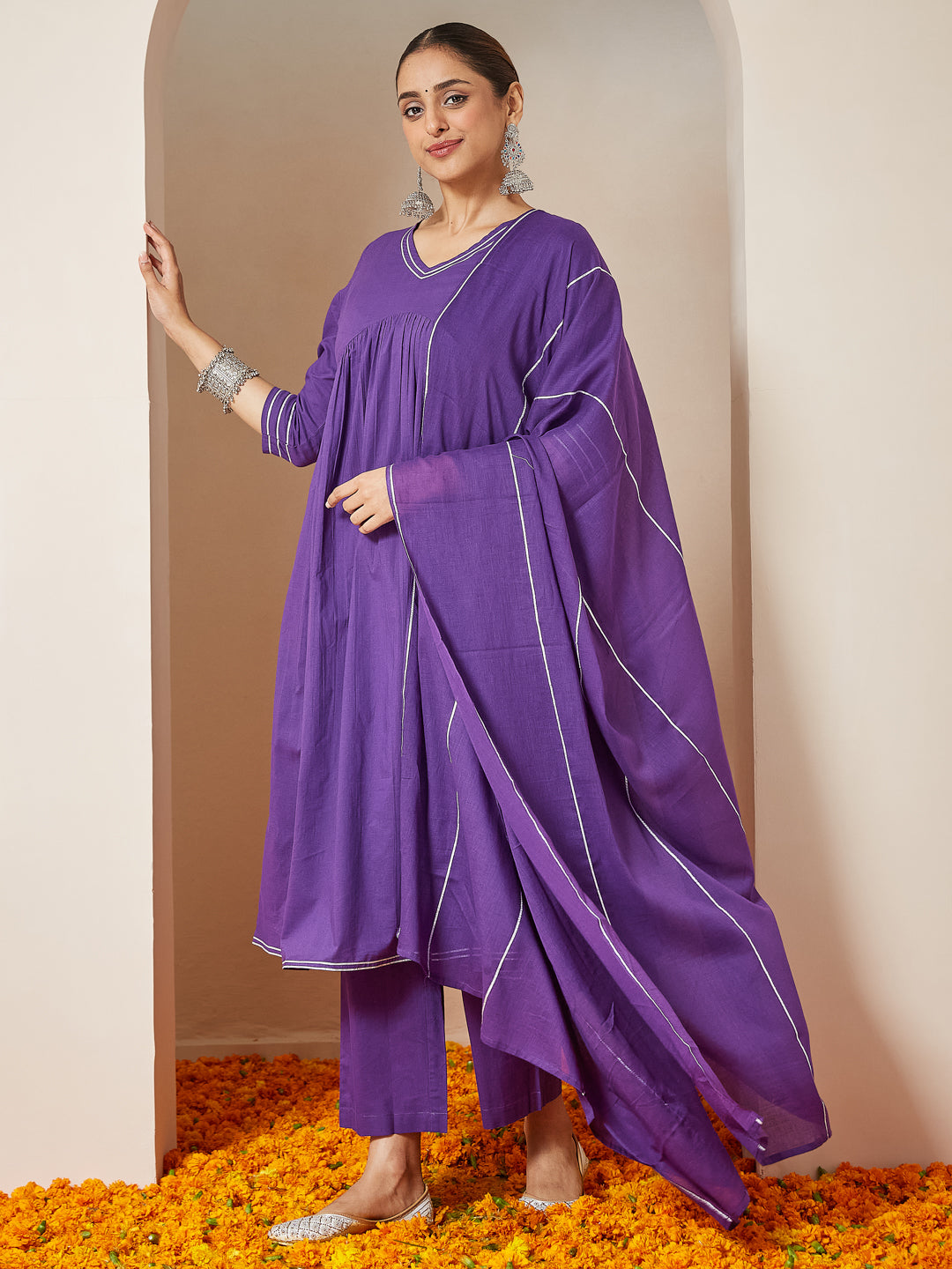 Janasya Women's Purple Pure Cotton Embellished A-line Kurta Set