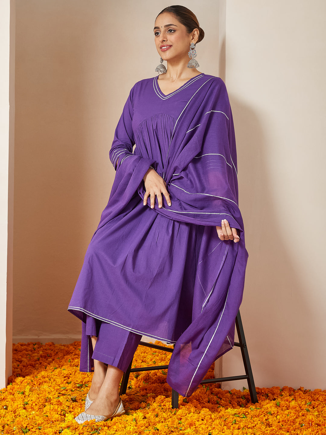 Janasya Women's Purple Pure Cotton Embellished A-line Kurta Set