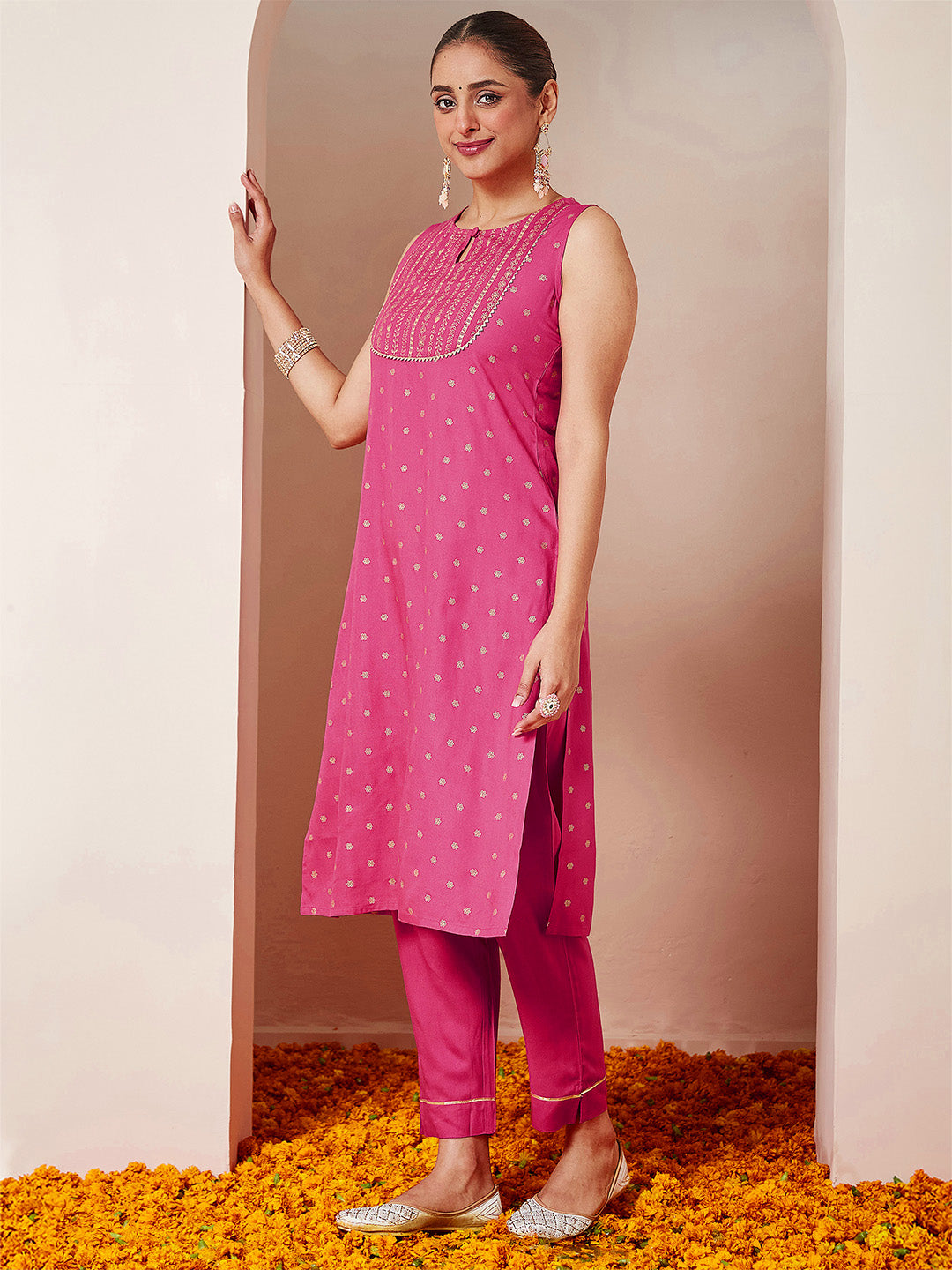 Janasya Women's Pink Rayon Gold Printed Straight Kurta Set