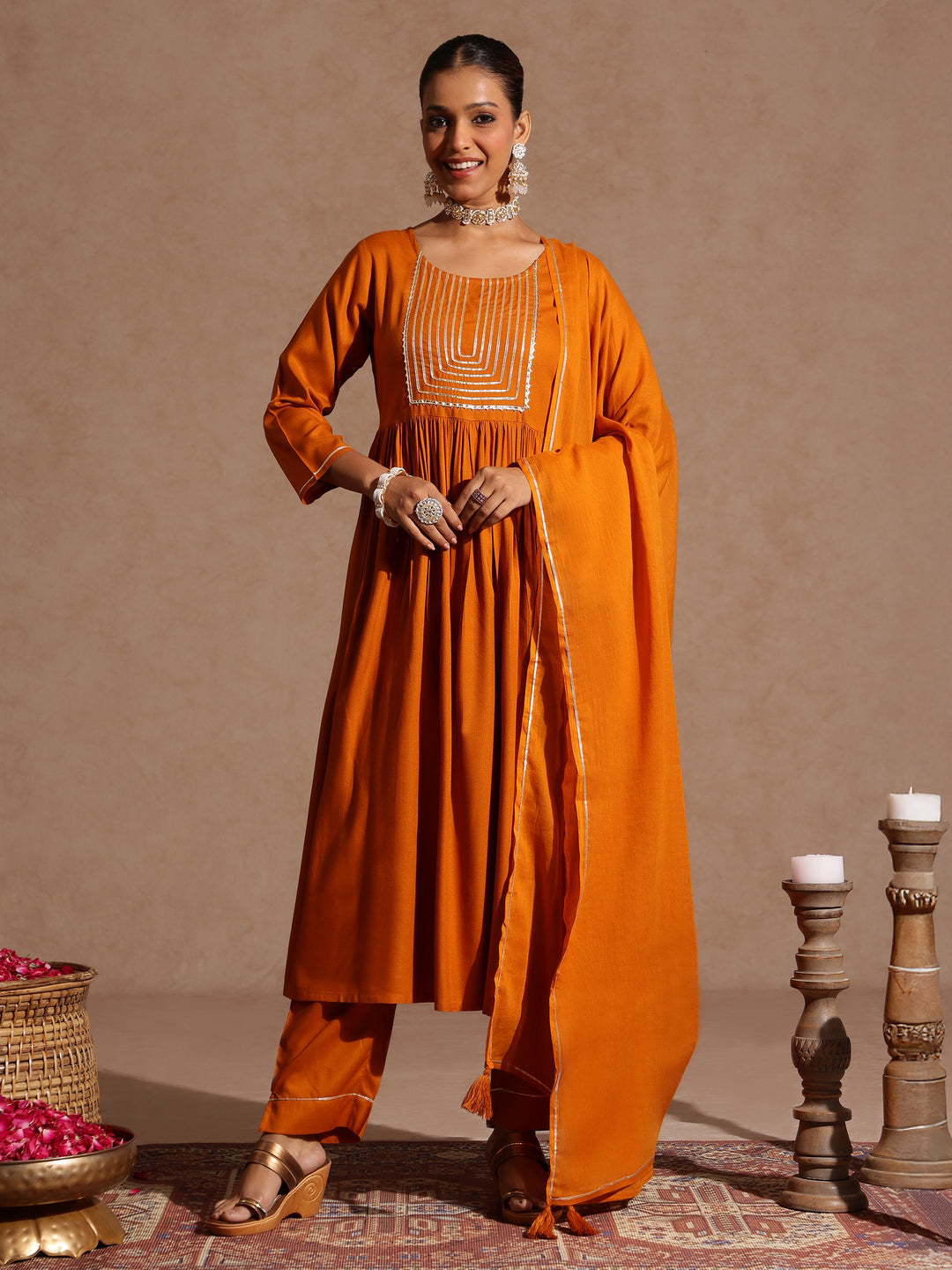 Janasya Women's Mustard Rayon Yoke Design A-line Kurta Set