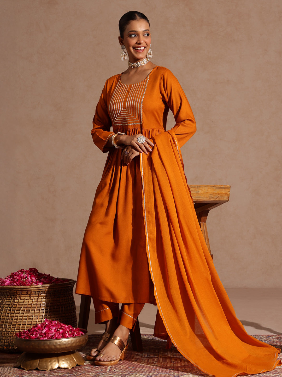 Janasya Women's Mustard Rayon Yoke Design A-line Kurta Set