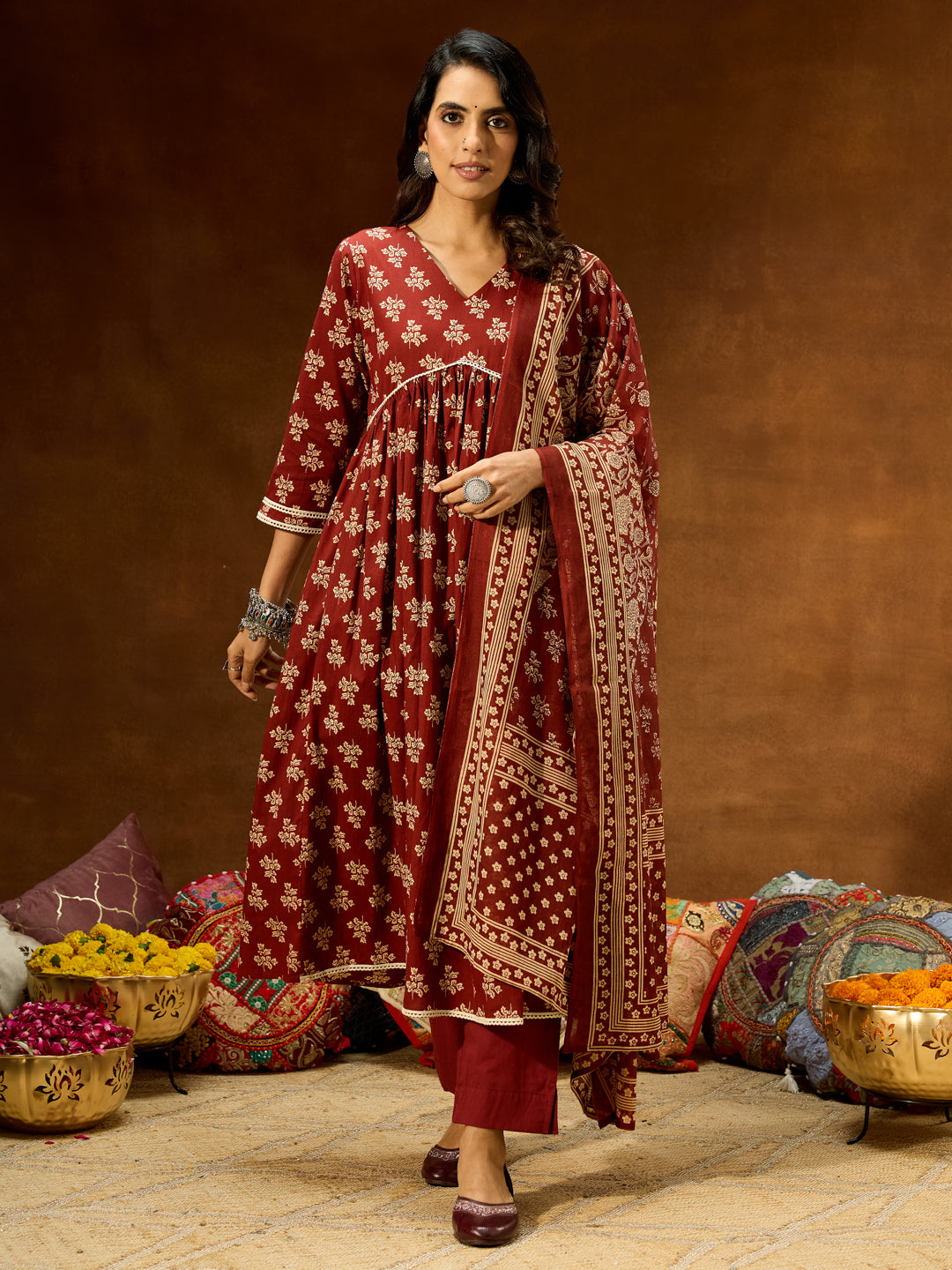 Janasya Women's Brown Pure Cotton Floral Printed A-line Kurta Set
