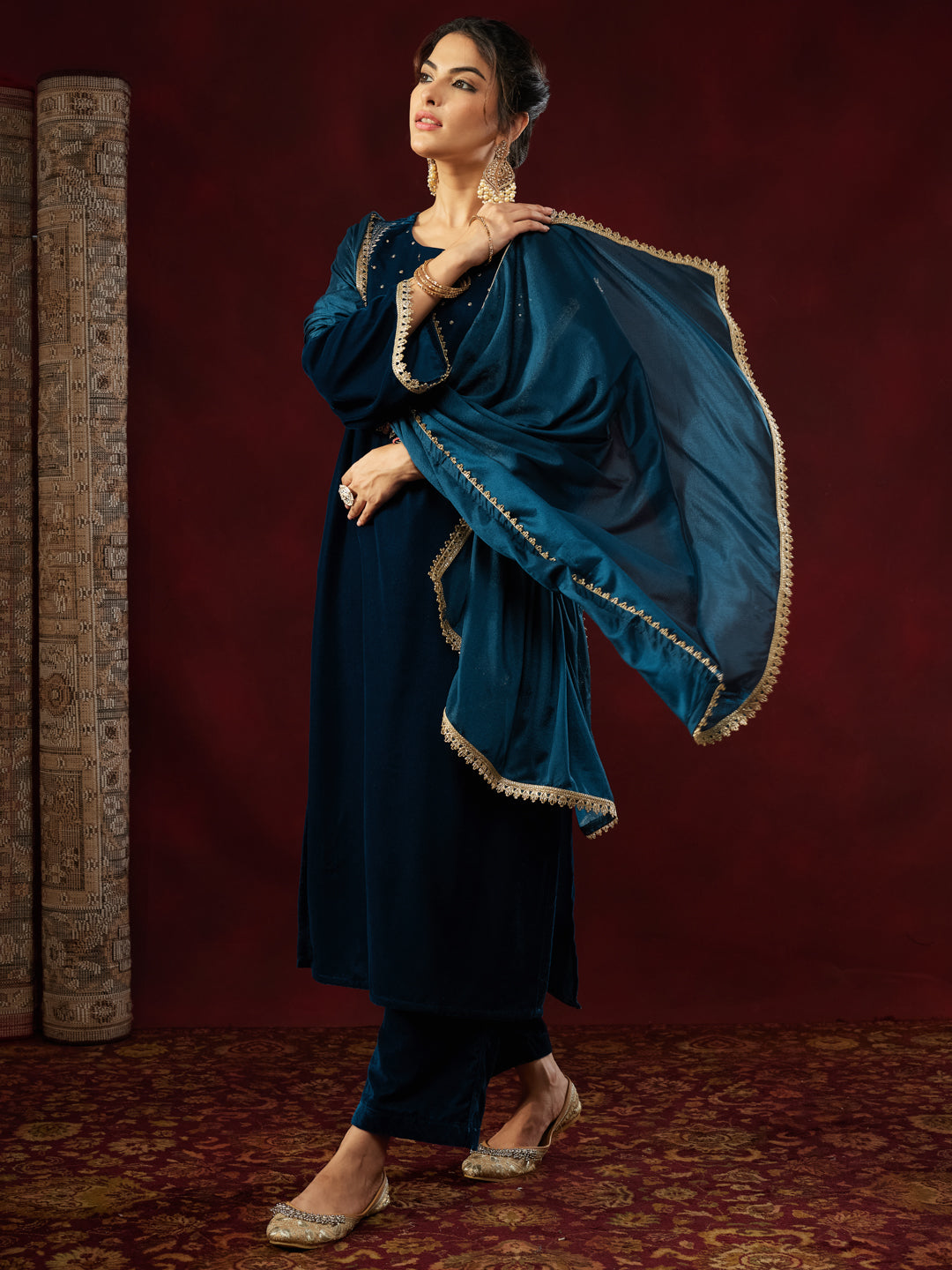 Janasya Women's Teal Blue Velvet Yoke Embroidered Straight Kurta Set