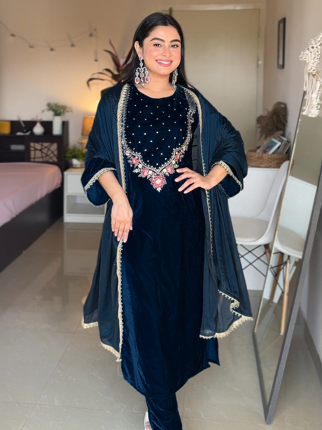 Janasya Women's Teal Blue Velvet Yoke Embroidered Straight Kurta Set