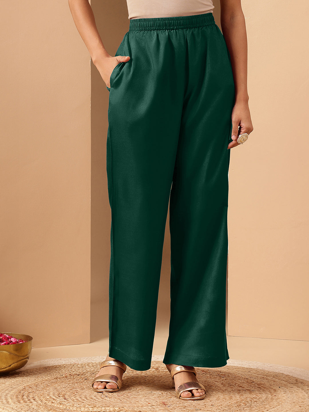 Janasya Women's Bottle Green Silk Blend Zari Embroidered Straight Kurta Set