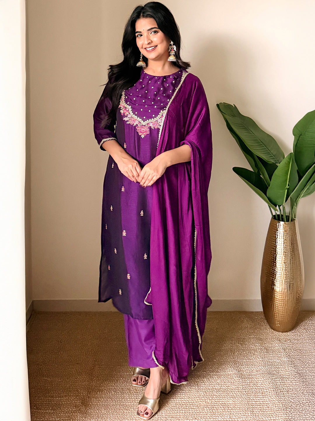 Janasya Women's Purple Silk Blend Zari Embroidered Straight Kurta Set