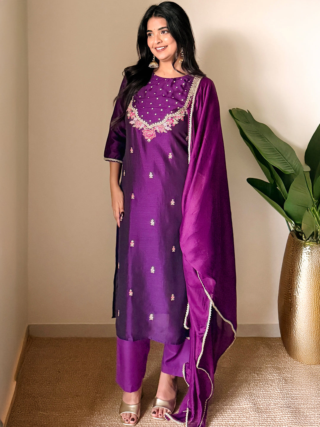 Janasya Women's Purple Silk Blend Zari Embroidered Straight Kurta Set