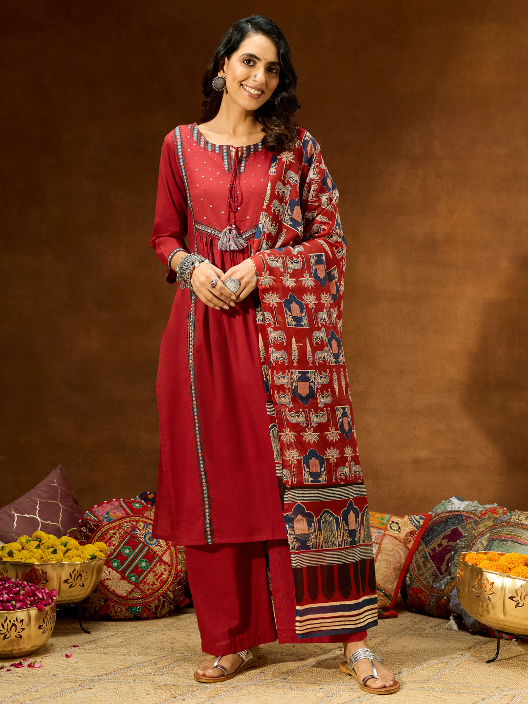 Janasya Women's Maroon Pure Cotton Embellished Straight Kurta With Palazzo & Dupatta Set