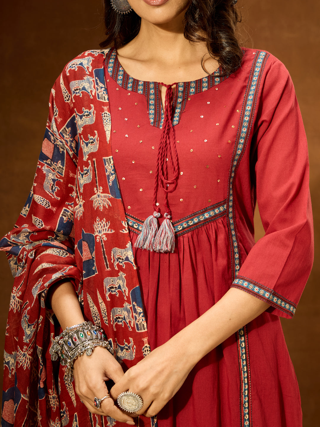 Janasya Women's Maroon Pure Cotton Embellished Straight Kurta With Palazzo & Dupatta Set