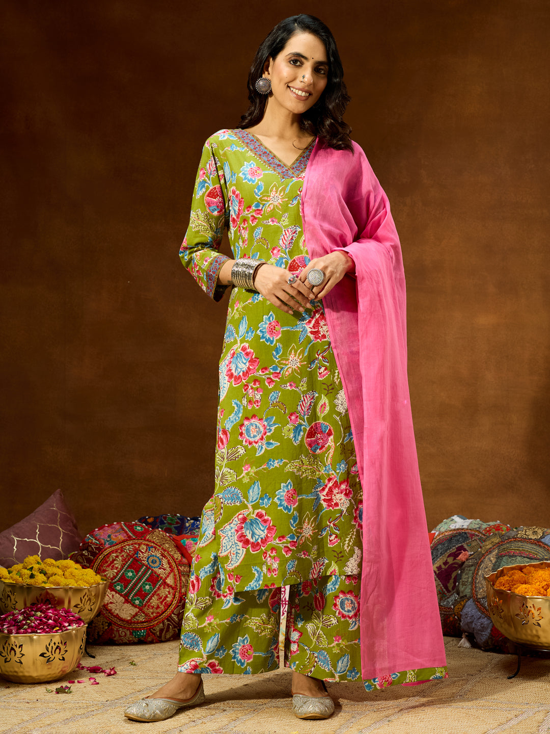Janasya Women's Green Pure Cotton Floral Printed Kurta With Palazzo & Dupatta Set