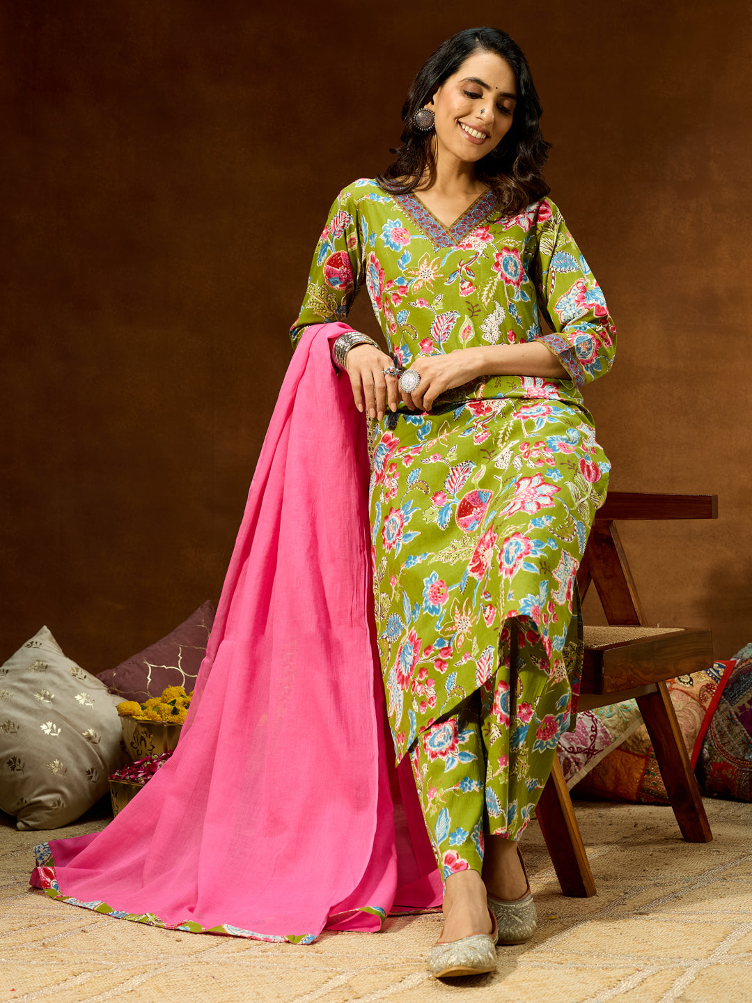 Janasya Women's Green Pure Cotton Floral Printed Kurta With Palazzo & Dupatta Set