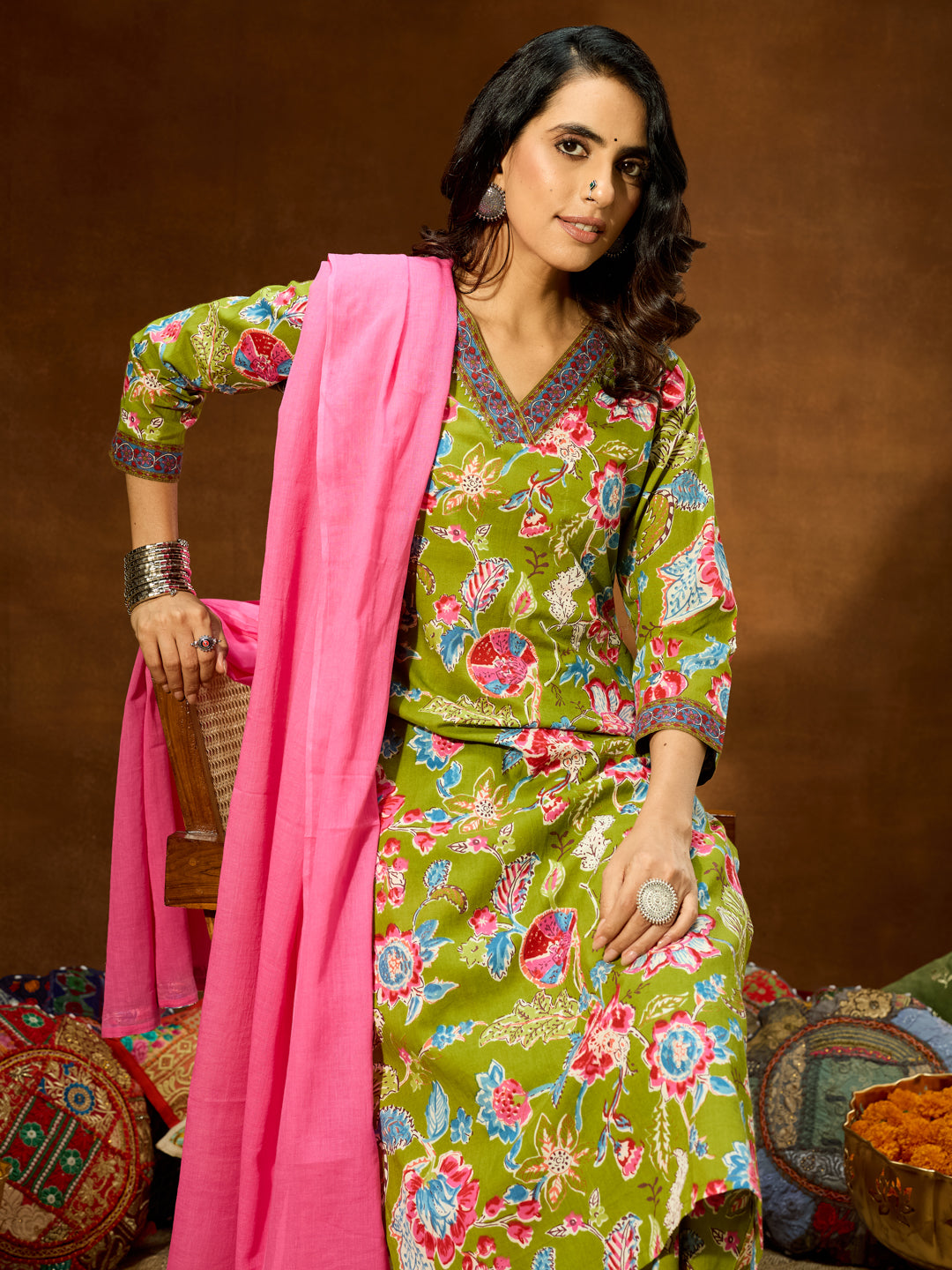 Janasya Women's Green Pure Cotton Floral Printed Kurta With Palazzo & Dupatta Set