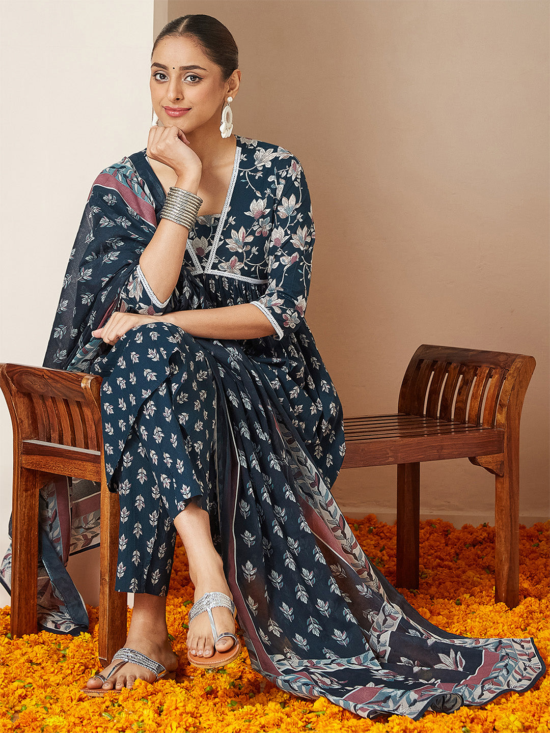Janasya Women's Teal Blue Pure Cotton Floral Printed A-line Kurta Set