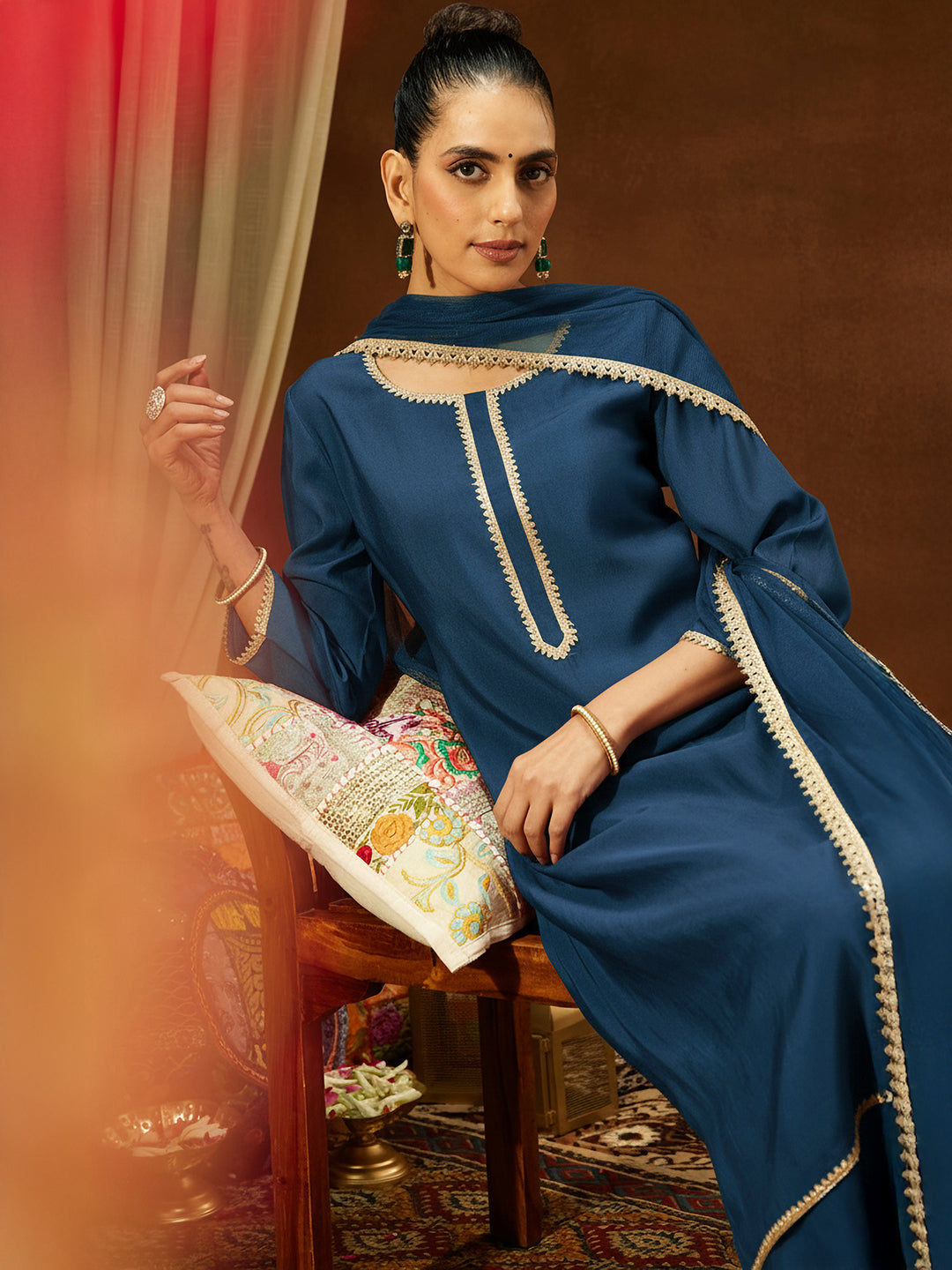 Janasya Women's Teal Blue Chanderi Silk Yoke Design Straight Kurta Set