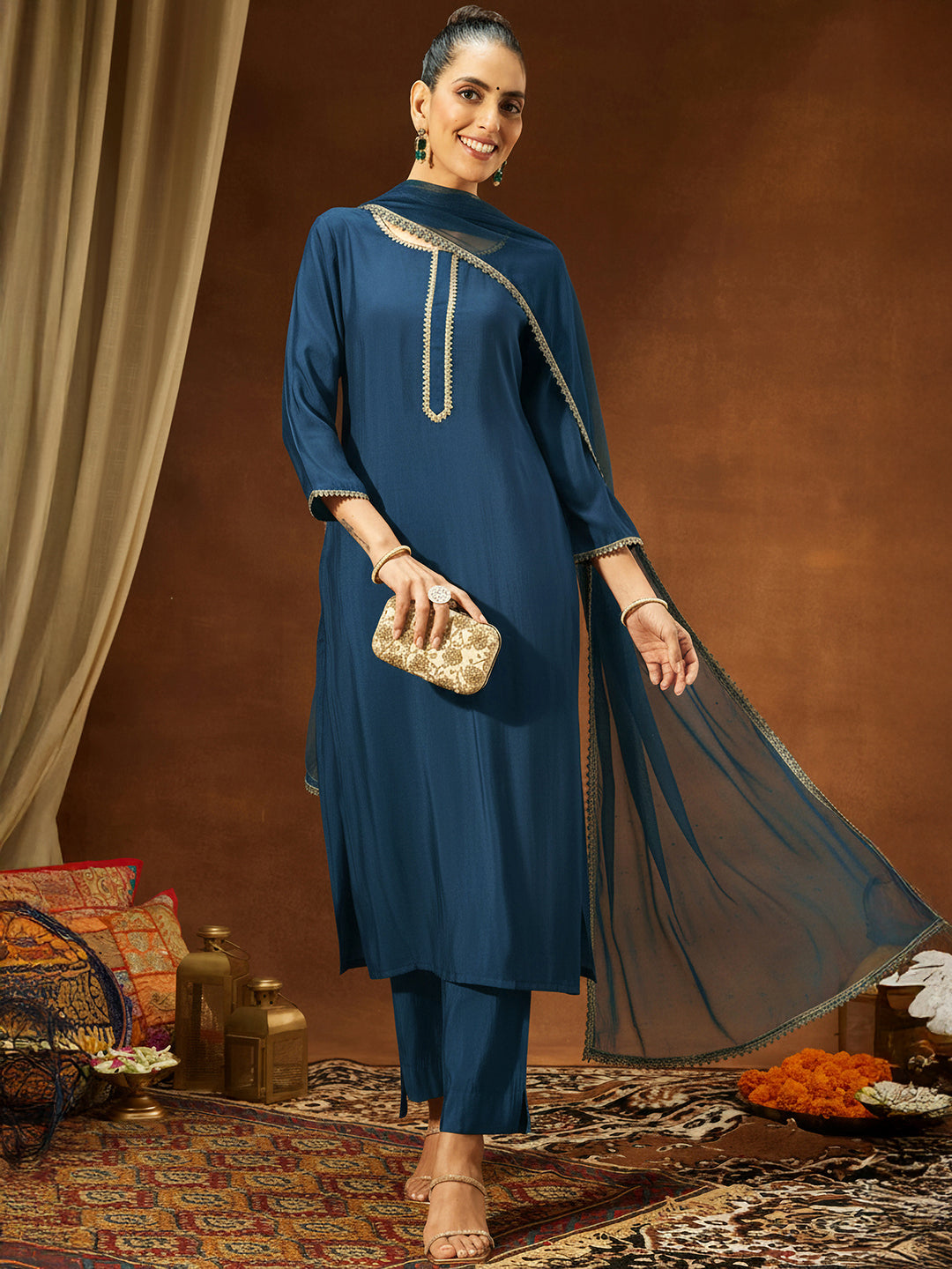 Janasya Women's Teal Blue Chanderi Silk Yoke Design Straight Kurta Set