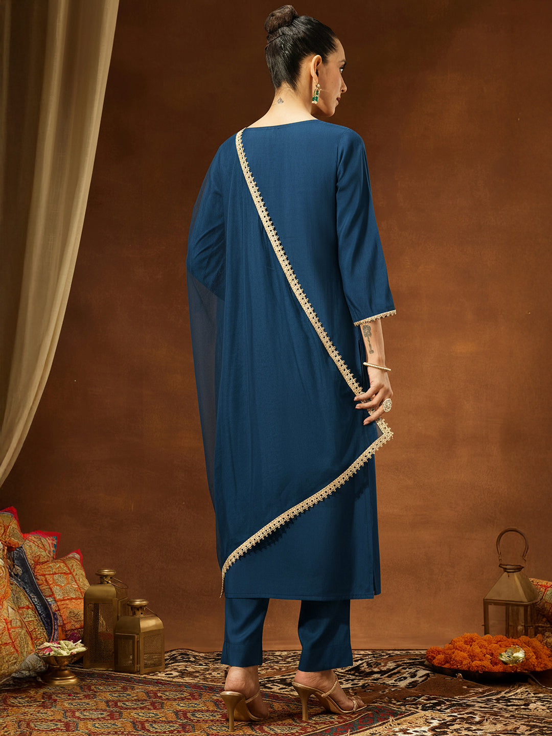 Janasya Women's Teal Blue Chanderi Silk Yoke Design Straight Kurta Set