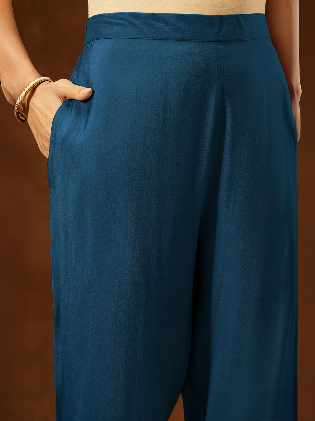 Janasya Women's Teal Blue Chanderi Silk Yoke Design Straight Kurta Set