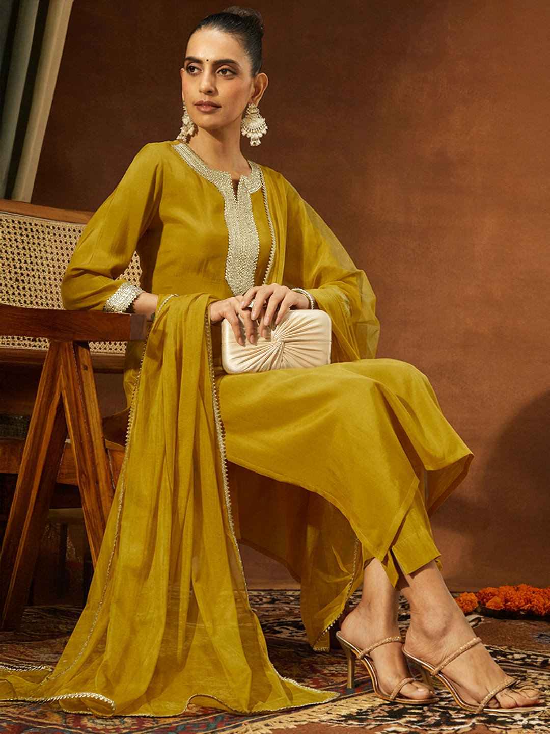 Janasya Women's Mustard Chanderi Silk Embellished Yoke Design Straight Kurta Set