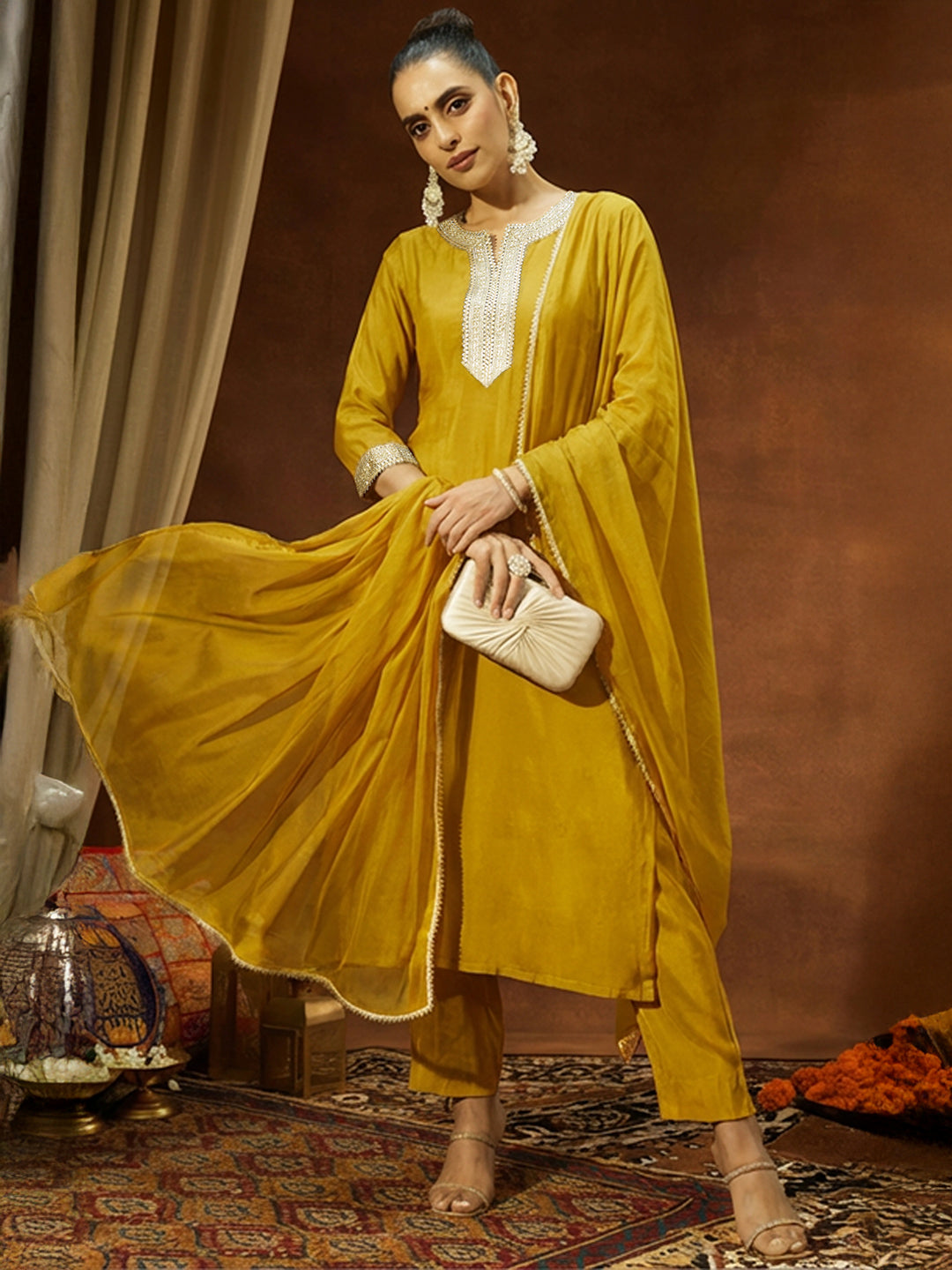 Janasya Women's Mustard Chanderi Silk Embellished Yoke Design Straight Kurta Set