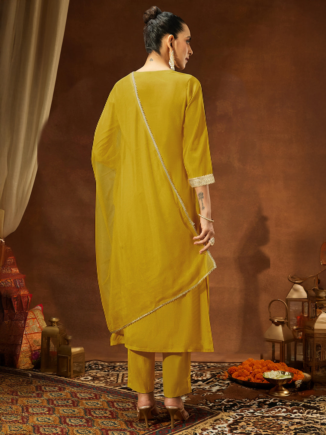Janasya Women's Mustard Chanderi Silk Embellished Yoke Design Straight Kurta Set