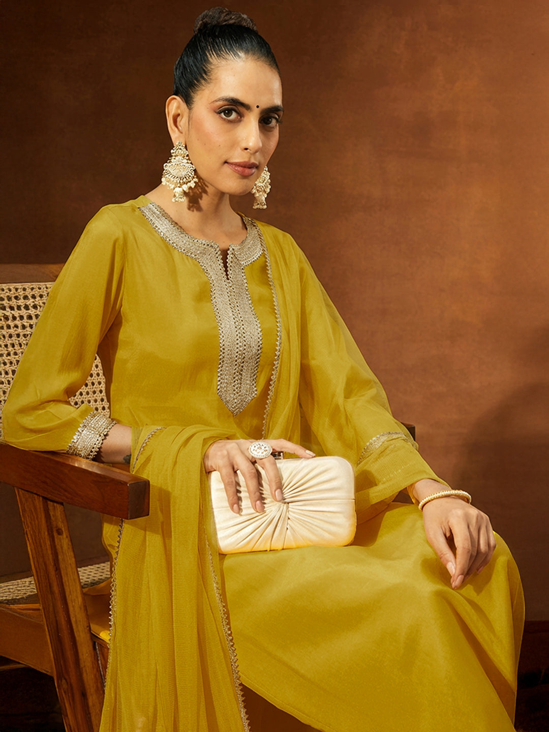 Janasya Women's Mustard Chanderi Silk Embellished Yoke Design Straight Kurta Set