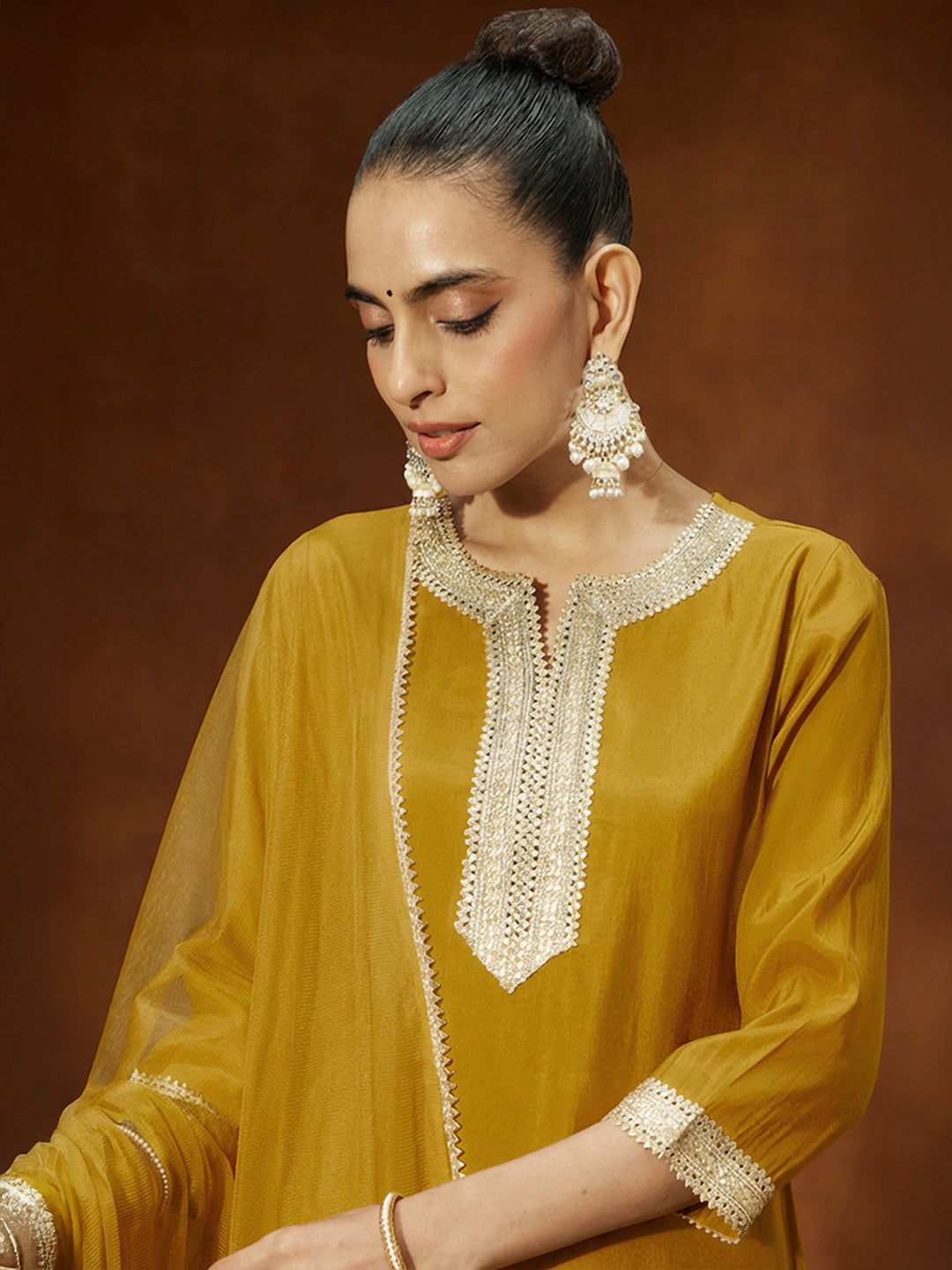Janasya Women's Mustard Chanderi Silk Embellished Yoke Design Straight Kurta Set