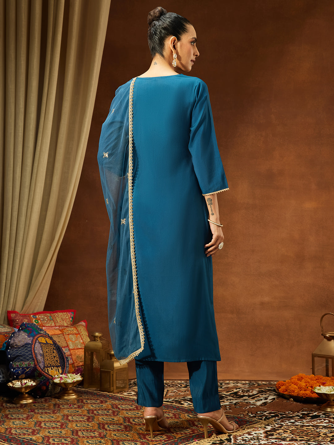 Janasya Women's Teal Blue Chanderi Silk Embelished Straight Kurta Set