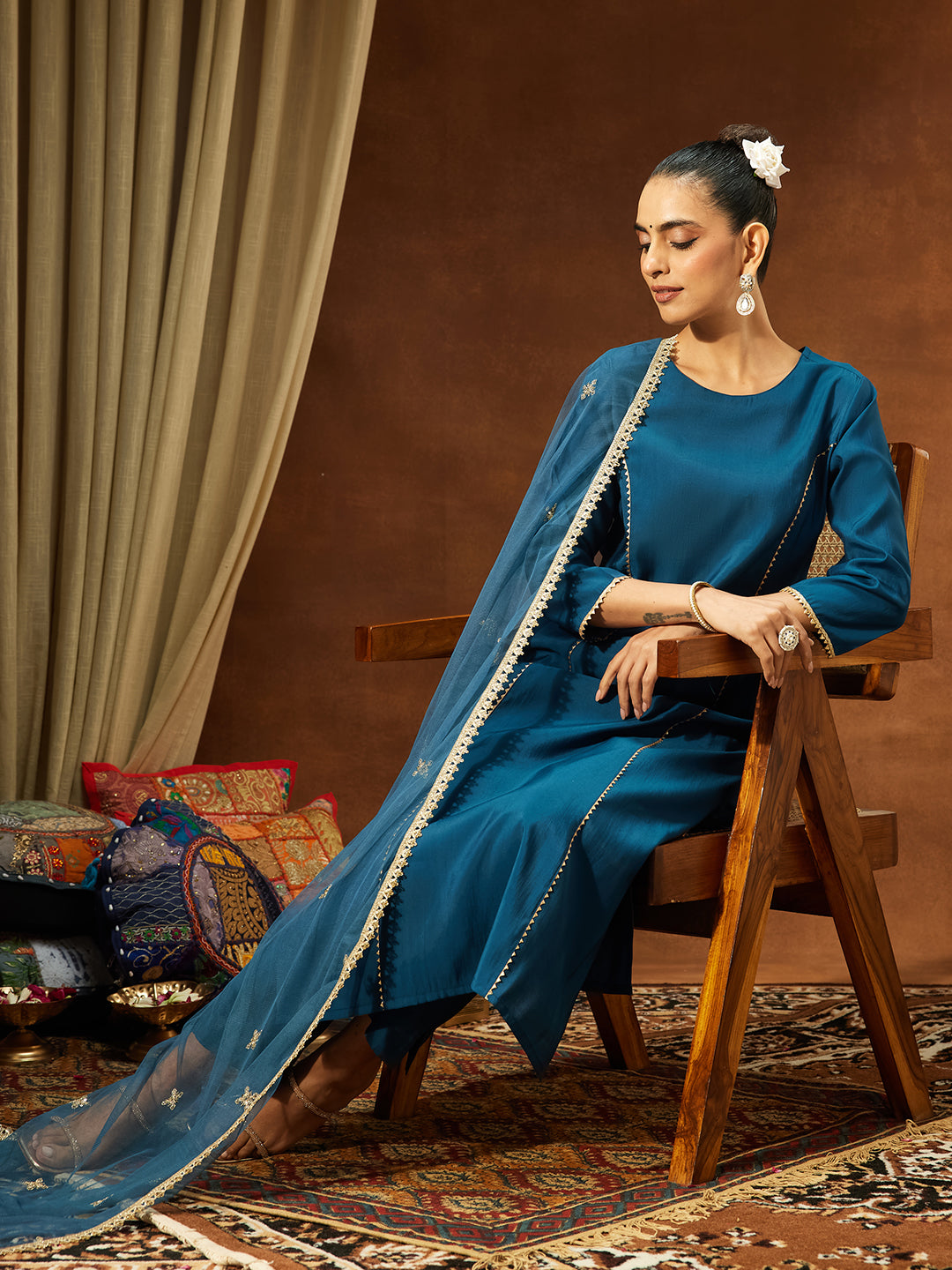 Janasya Women's Teal Blue Chanderi Silk Embelished Straight Kurta Set